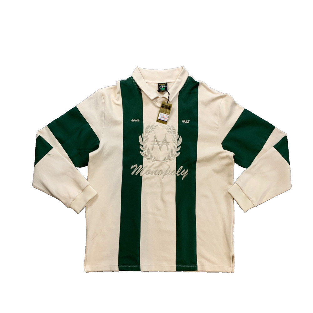 Monopoly Polo Shirt Mens 2XL Cream Green Shoe Palace Logo Crest Rugby Striped
